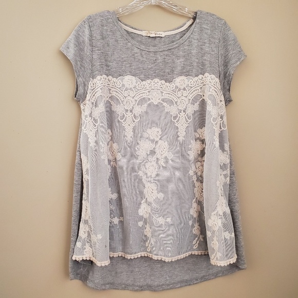 Rewind Tops - Rewind Gray Tunic Top With Lace Overlay - Size L